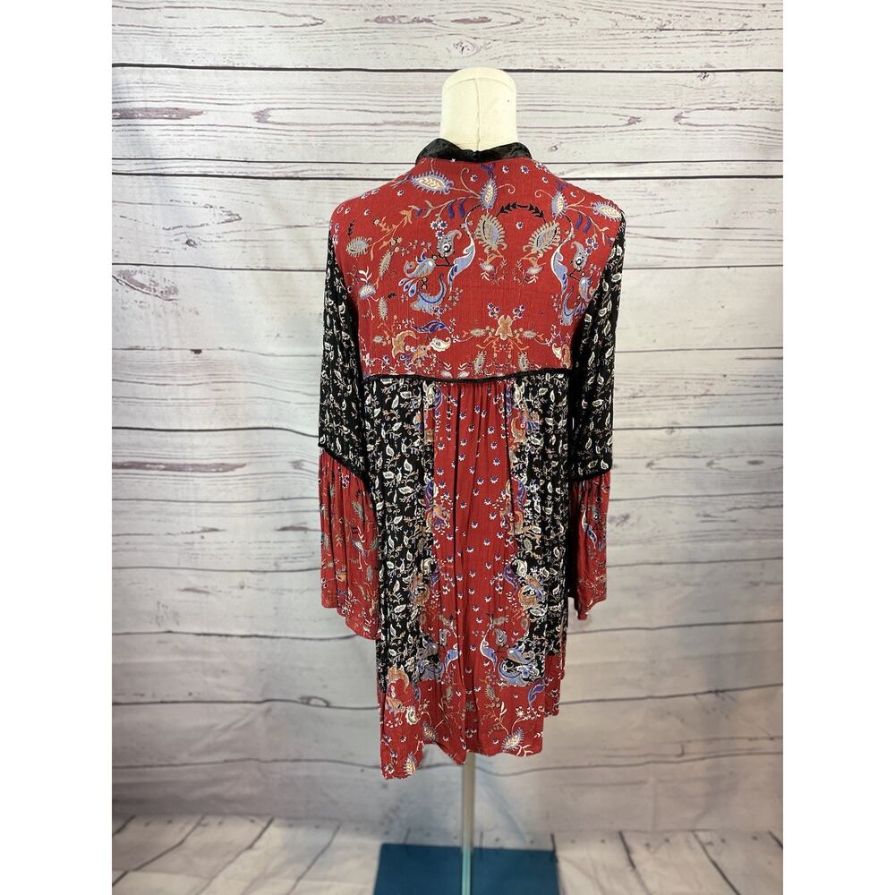 Angie Floral Paisley Kimono Cardigan S Red Black Velvet Trim Boho Hippie Sleeve - Picture 4 of 5